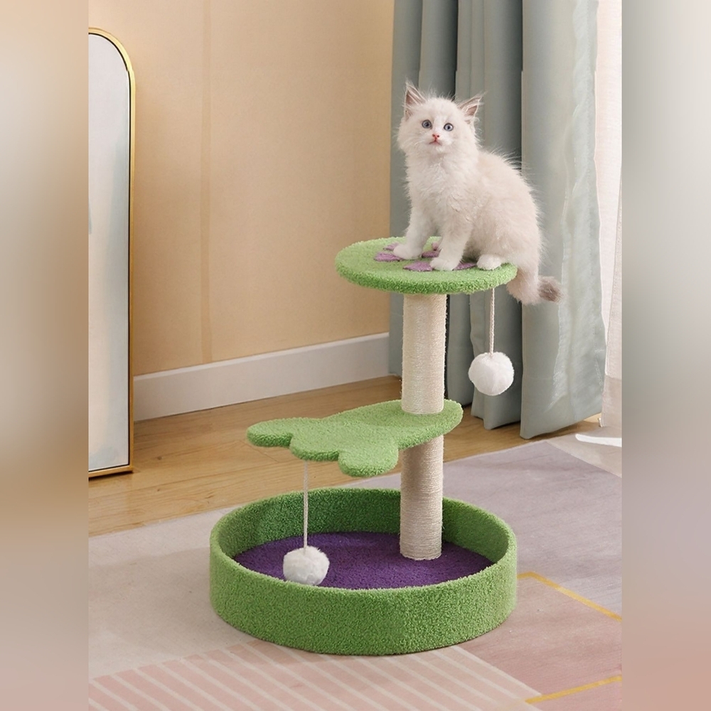 Green and Purple Cat Scratch Post Tree with Play Balls And Comfy Platforms